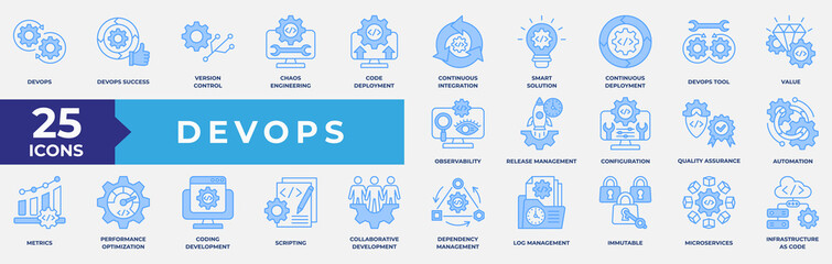 DevOps icon collection set. Containing tools, development, operations, automation, value, system development and coding icon. Simple line blue vector illustration.