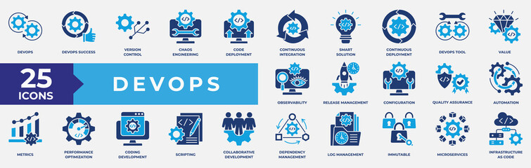 DevOps icon collection set. Containing tools, development, operations, automation, value, system development and coding icon. Simple flat vector illustration.