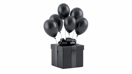 Sleek black gift box topped with a cluster of elegant black balloons against a stark black background, perfect for celebrations.