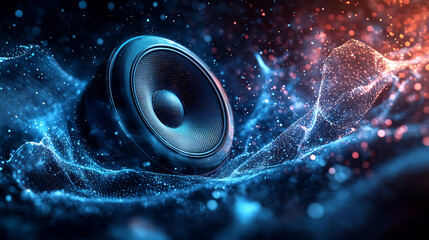 Vibrating audio speaker with glowing blue waveforms, symbolizing powerful sound quality, music production tools, and hi-fi audio performance