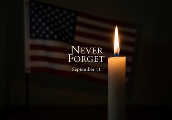 Commemorative candle with American flag background and "never forget September 11" text