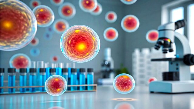 Vibrant cells under study with microscope in modern lab for cutting-edge science research - Powered by Adobe