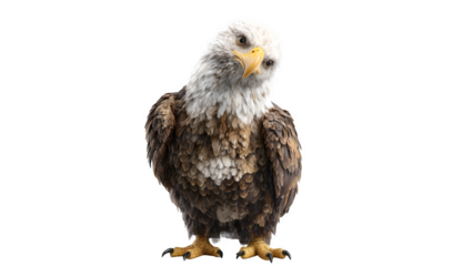 A full body shot of a bald eagle with white head and brown body standing on a black background
