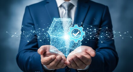 Businessman Holding Digital Innovation Box with Gear Symbol, showcasing Technology, Development, Solutions, and Future Concepts in a corporate environment.