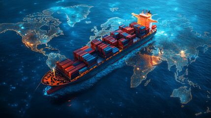 Intelligent cargo vessel with AI-driven systems, operating in a connected global logistics network, world map backdrop for export-import and supply chain visuals