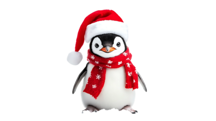 A christmas penguin wearing a santa hat and a red scarf with snowflakes on a black background
