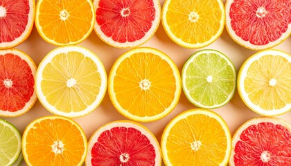 Rows of Sliced Citrus Fruits Oranges Grapefruits Lemons and Limes Overhead View