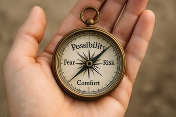 Hand holding compass with possibility, fear, risk, comfort directions