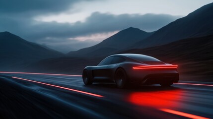 Futuristic electric sports car on mountain highway at dusk