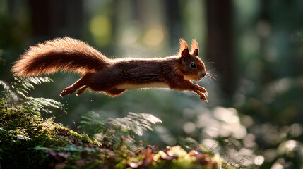 a red squirrel gracefully leaping through a sun-dappled forest, captured in mid-air