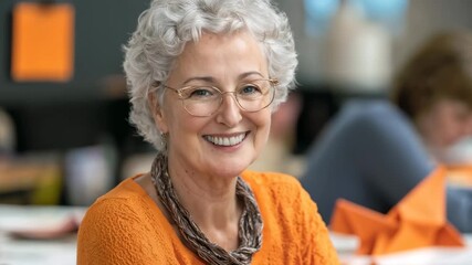 Joyful senior woman in orange sweater smiling. Perfect for positive aging campaigns and community center promotions.