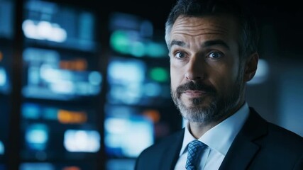 Focused businessman with digital screens background. Perfect for technology companies and data analytics presentations. - Powered by Adobe