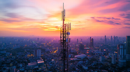 City skyline with communication antennas and glowing data streams, representing wireless connectivity, telecom advancements, and urban digital integration