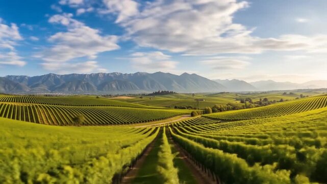 Vineyard Vista: Rolling Hills of Grapes Under a Blue Sky with Distant Mountains