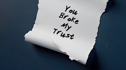 Torn paper on dark blue background written YOU BROKE MY TRUST - means trust is broken when someone break expectations or promises made within relationship - Betrayal leading to emotional pain