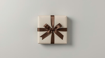 A minimalist view of a square gift box, wrapped in soft beige paper, tied with satin brown ribbon, and placed on a light gray background, with soft shadows adding depth and elegance.