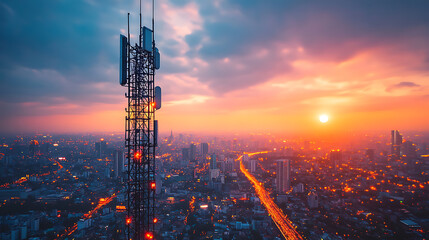 Telecommunication towers in smart city background exchanging data signals, visualizing digital infrastructure, wireless networks, and real-time urban connectivity