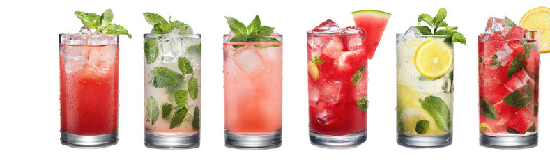 6 different types of summer drinks in tall glasses, png, transparent