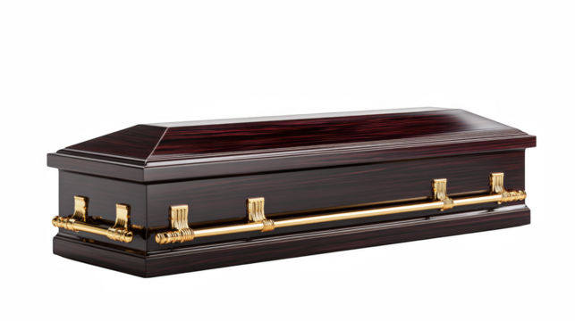 Elegant dark wooden coffin with golden handles stands out against the stark black background, conveying solemnity and respect.
