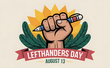 Fist holding pen celebrating international left handers day on august 13
