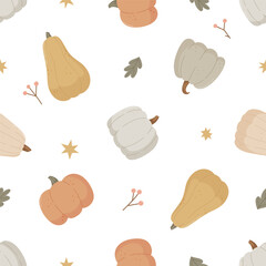 Seamless Pumpkin Pattern with Fall Vegetables and Leaves