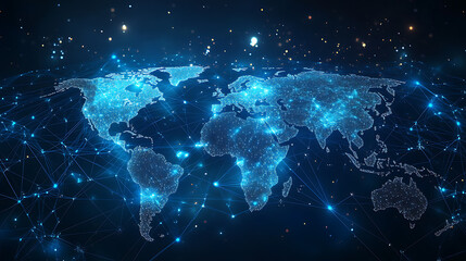 Global shipping network map featuring container ships and logistics routes, symbolizing worldwide freight services, partnerships, and supply chain flow
