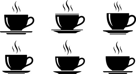 Vector art of a collection of six black and white icons depicting steaming cups of coffee or tea on saucers representing hot beverages