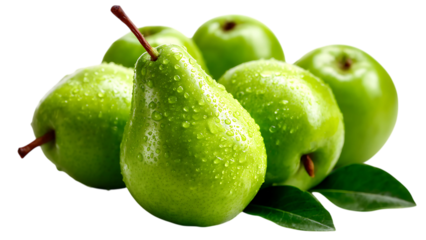 Close up of green apples and a pear with water droplets against a black background in a studio shot
