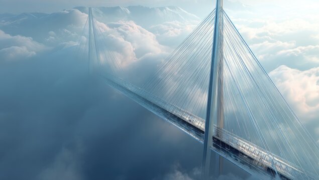 Elevated cable-stayed bridge over clouds