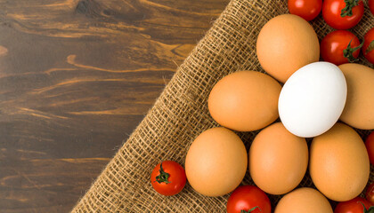Top-down rustic food flat lay with brown eggs, white egg, and cherry tomatoes on burlap sack
