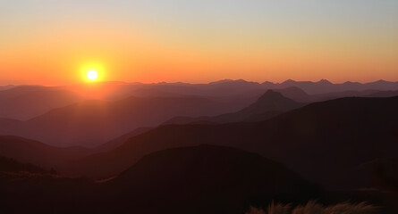 Sunlight behind mountains, Scenic sunset, Nature sunset, Mountain valley sunset, Twilight mountains, Warm sky, Vibrant sunset, Sunset reflection, Sunset clouds, Orange sky, Purple sky, Alpine sunset, 