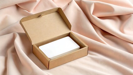Unboxing stylish presentation cards in a modern kraft box on soft satin fabric