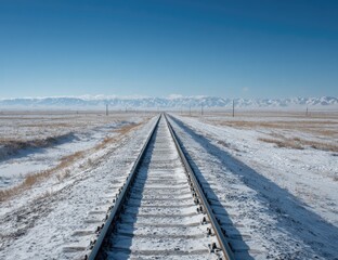 Snowy railway track stretches to distant mountains