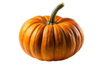 A whole ripe orange pumpkin with a green stem, isolated on a plain transparent background