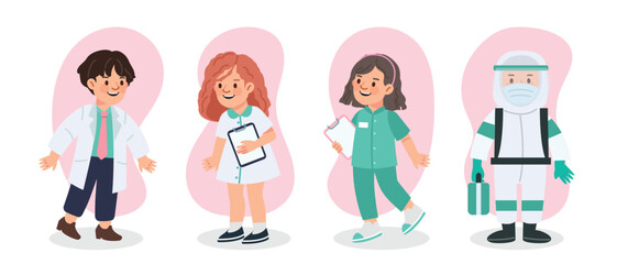 Medical team character vector illustration of doctors and nurses wearing uniforms and masks. Perfect for educational purposes, children’s content, hospital campaigns, and health awareness projects.