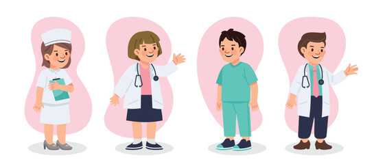 Medical team character vector illustration of doctors and nurses wearing uniforms and masks. Perfect for educational purposes, children’s content, hospital campaigns, and health awareness projects.