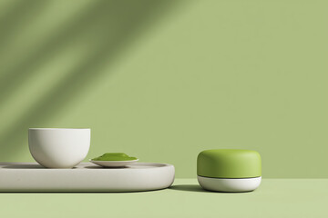 Minimalist display featuring white cup, green saucer, and green container on light green background, creating serene and modern aesthetic