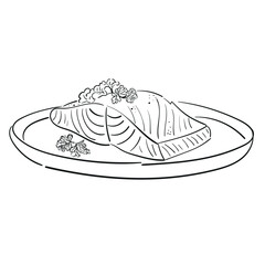 Salmon steak with herbs drawing isolated on white background for menu design. Vintage engraved sketch. Seafood fish drawing collection