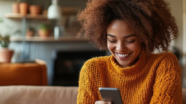 Woman smiling at phone in living room - Powered by Adobe