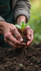 Hands Cradling a Seedling: Nurturing Life, Roots, and Growth Amidst the Soil
