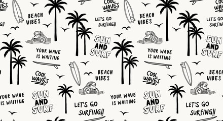 Seamless tropical summer pattern with palm trees, surfboards, waves, birds, and playful beach quotes. Perfect for t-shirts, packaging, wrapping paper, and beach-themed designs. © cddesign.co