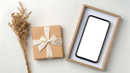 Thoughtful gift box with dried flowers and blank screen smartphone in frame, perfect for promotions