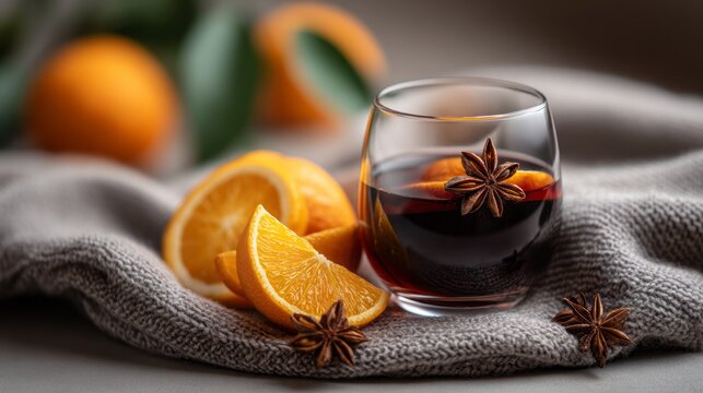 A glass of wine with a few orange slices and some sprigs of rosemary - Powered by Adobe