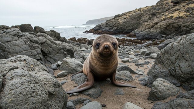 Antarctic fur seal pup with fluffy coat on rocky sub-Antarctic coastline - Powered by Adobe