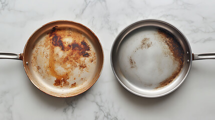 Split view of stainless steel frying pan showing scorched surface versus sparkling clean finish after deep cleaning, perfect for household or restoration concepts