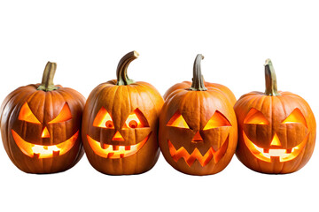 Four carved jackolanterns with glowing faces stand in a row, isolated on a transparent background for halloween