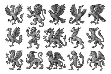 Heraldic mythical creatures including griffins, dragons, and beasts in vintage engraving style, Transparent Background