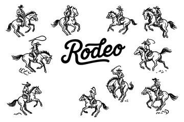 Rodeo cowboys riding bulls in dynamic vintage engraving style, Transparent Background
