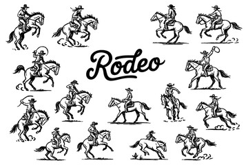 Rodeo cowboys riding bulls in dynamic vintage engraving style, Transparent Background