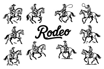 Fototapeta premium Rodeo cowboys riding bulls in dynamic vintage engraving style, Transparent Background